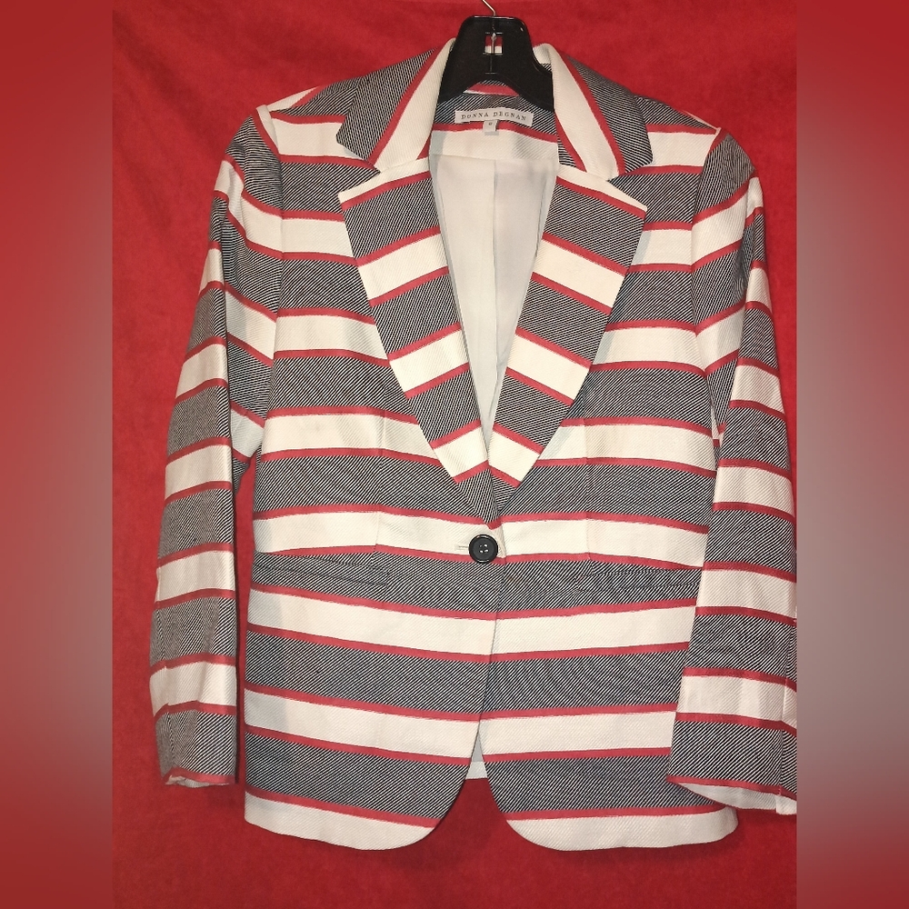 Donna Degnan Womens Blazer Jacket Long Sleeve Single Button Striped Grey Size 0